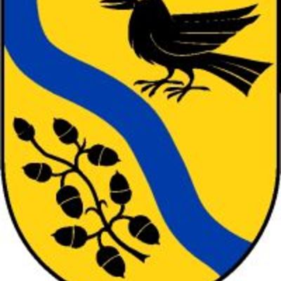 Auf Gelb ein blauer Wellenschrägbalken, rechts oben ein schwarzer Rabe,  links unten ein schwarter Eichenzweig mit neun Eicheln.