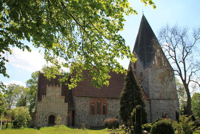 Bild vergr&ouml;&szlig;ern: Der Blick unter einer Baumkrone fällt auf Kirche in Neukirchen.