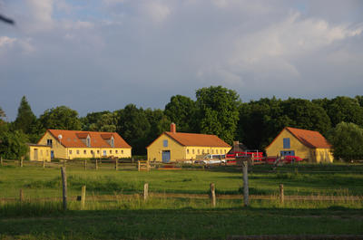 Bild vergr&ouml;&szlig;ern: Panoramablick auf drei Gebäude des Naturdorfes in Eickhof.