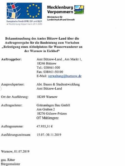 Bild vergr&ouml;&szlig;ern: Bekanntmachung des Amtes B&uuml;tzow-Land