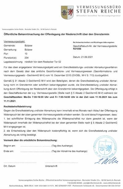 Bild vergr��ern: Bekanntmachung Offenlegung Niederschrift Grenztermin B�tzow Flur 10, Flurst�ck 204