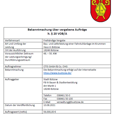 Auftragsvergabe Krummes Haus Fahrstuhl