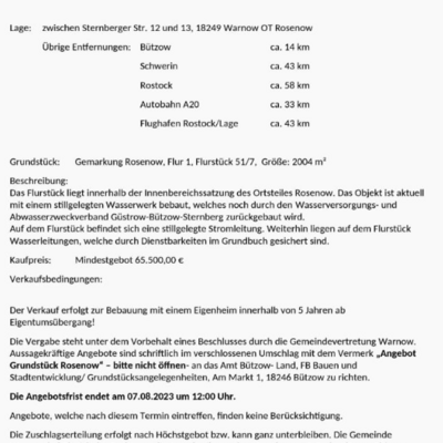 Ausschreibung Gemeinde Warnow - Grundst&uuml;ck Rosenow