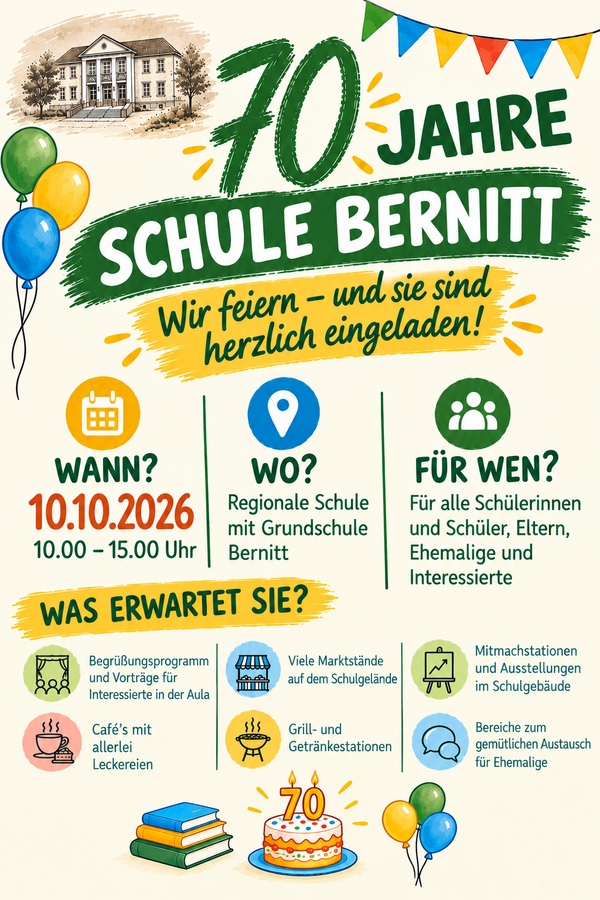 Bild vergr&ouml;&szlig;ern: 10.03 10.10. Flyer 70. Geburtstag Schule Bernitt